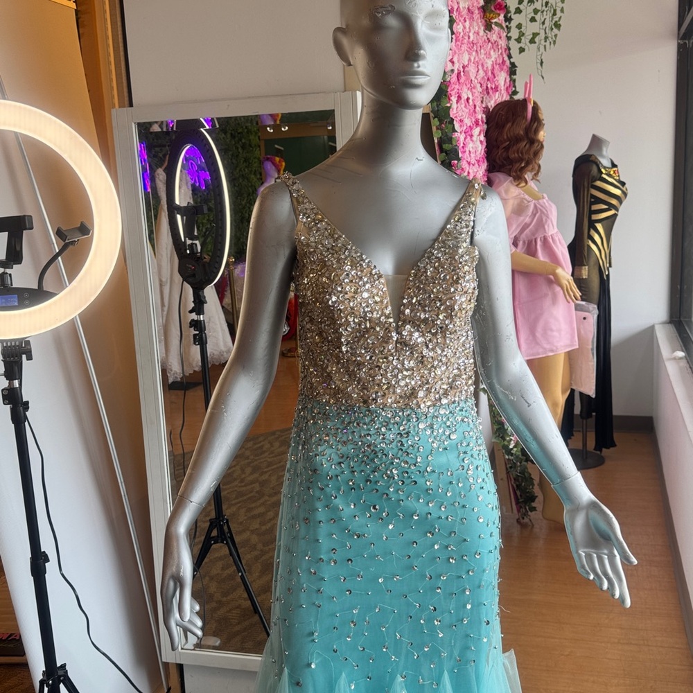 Elegant Gold and Blue Prom Dress